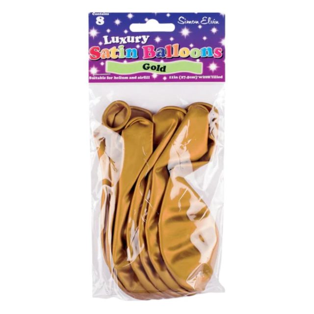 Pack of eight Simon Elvin satin plain gold 11 inch latex balloons in sealed packaging