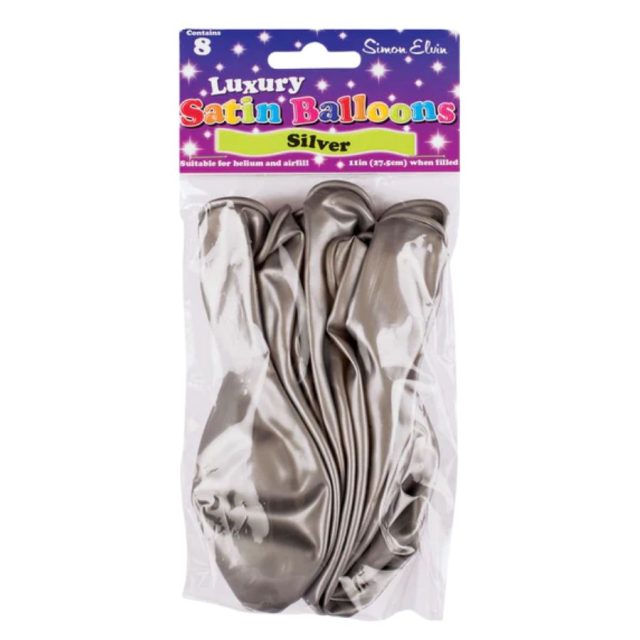 Pack of eight Simon Elvin satin plain silver latex balloons in sealed packaging