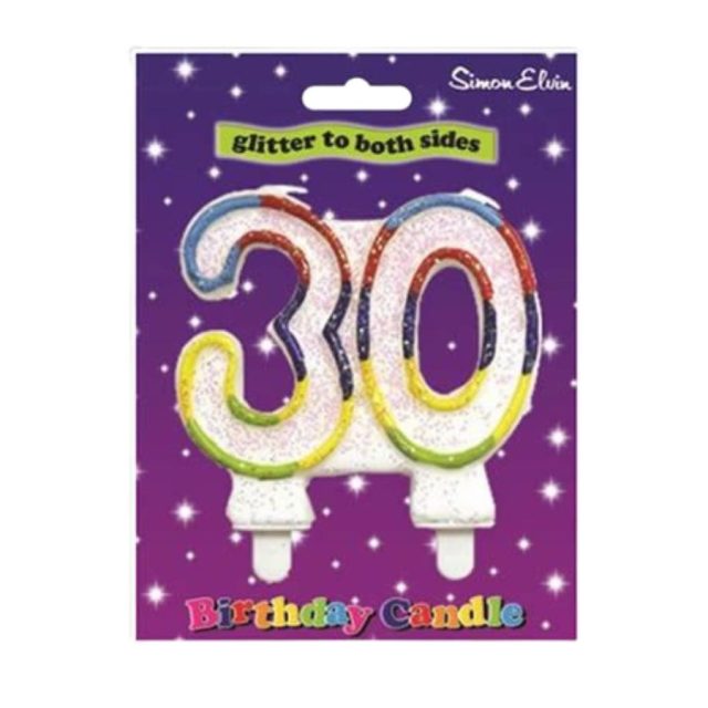 Simon Elvin multi colour glitter Age 30 birthday cake candle double sided