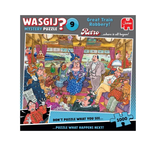 Wasgij Retro Mystery 9 Great Train Robbery puzzle box with cartoon characters on a train