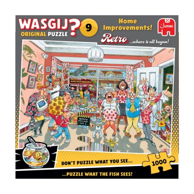 Wasgij Retro Original 9 - Home Improvements! Wasgij Retro Original 9 Home Improvements colourful jigsaw puzzle box showing animated characters in a living room