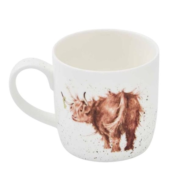 Wrendale Highland Cow Mug showing side view featuring a Highland cow with grass in mouth