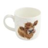 Fine bone china mug with illustrated brown cow on reverse side and white speckled background
