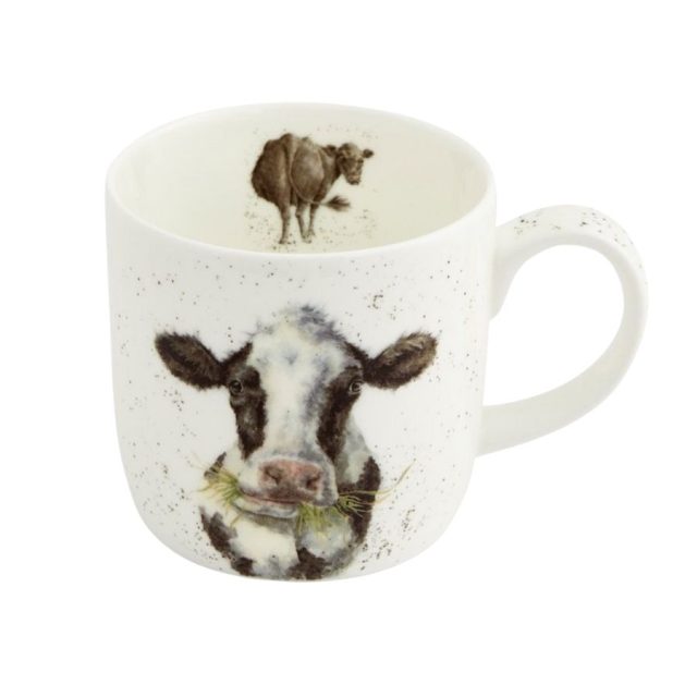 Fine bone china mug with illustrated black and white cow on front and cow on inner rim
