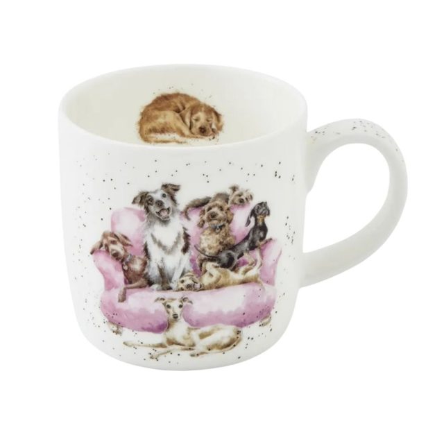 Wrendale Designs Movie Night Mug Wrendale Movie Night Dog Mug with illustrated dogs on pink sofa and sleeping dog inside rim