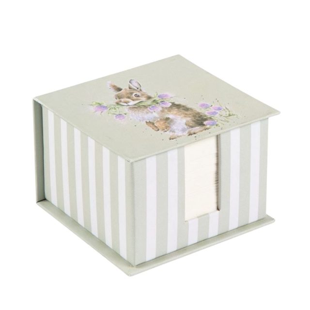 Square memo block with striped sides and rabbit illustration on lid