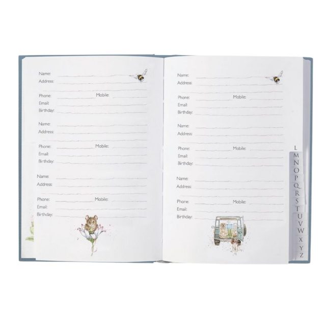 Wrendale Highland Cow Address Book Inside view of address book showing lined pages with address and birthday sections and illustrated tabs