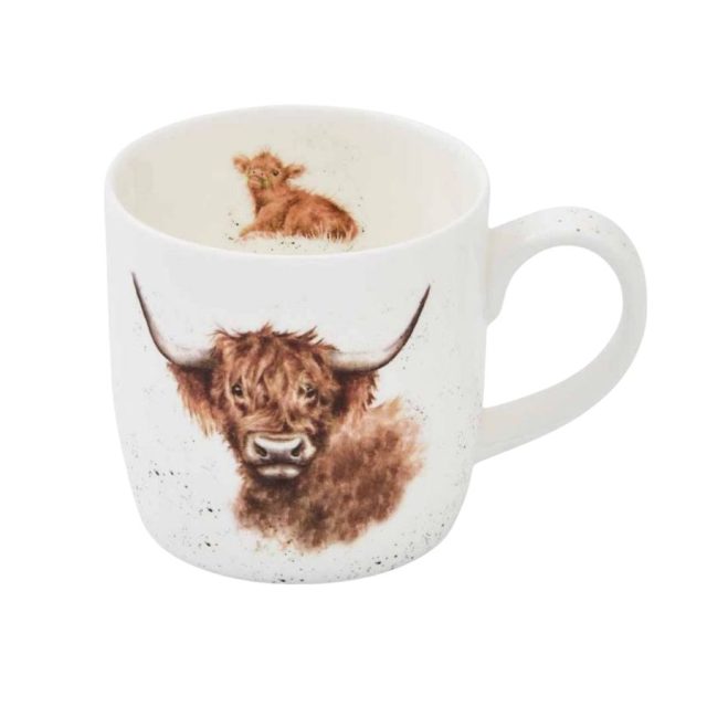 Wrendale Highland Cow Mug with Highland cow illustration on front and calf image inside rim