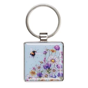 Wrendale 'Just Bee-cause' bee keyring Square keyring with bee and wildflowers design wrapped in resin domed finish