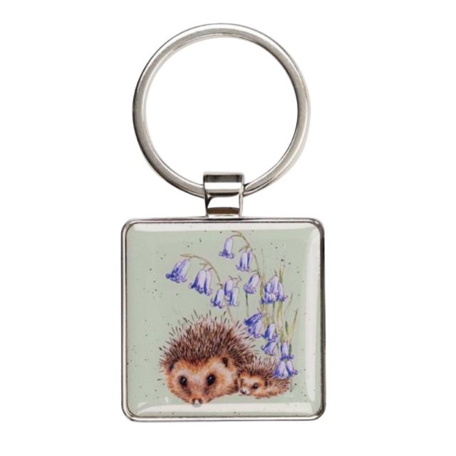 Wrendale 'Love and Hedgehugs' hedgehog keyring Square keyring front with hedgehog and bluebell illustration