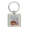 Wrendale 'Love and Hedgehugs' hedgehog keyring Square keyring front with hedgehog and bluebell illustration