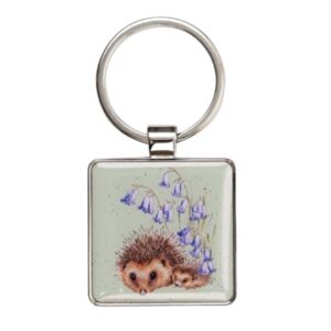 Wrendale 'Love and Hedgehugs' hedgehog keyring Square keyring front with hedgehog and bluebell illustration
