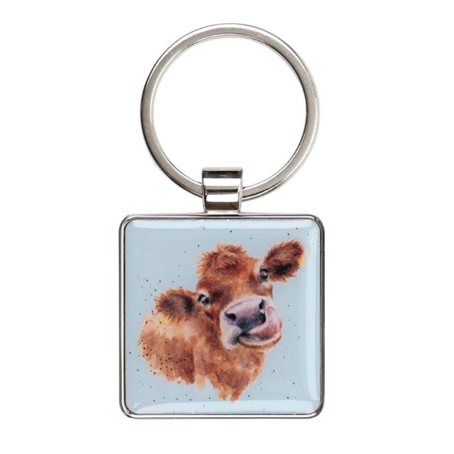 Wrendale keyring with a painted cow face under a resin dome