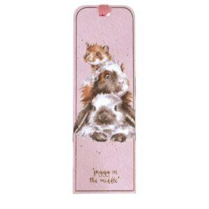 Wrendale 'Piggy in the Middle’ Bookmark Wrendale bookmark with guinea pig, rabbit and hamster stacked illustration on pink background with ribbon