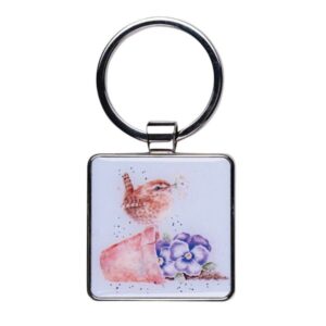 Square keyring with 'Pottering About' wren artwork holding flower beside toppled flowerpot and pansies