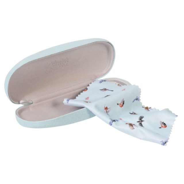 Wrendale Pottering Glasses Case Inside Open Wrendale 'Pottering About' glasses case with soft lining and matching bird print cleaning cloth