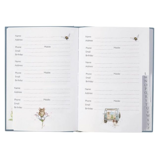 Wrendale Rabbit Address Book Open pages of Wrendale address book showing space for contacts and birthdays with illustrations