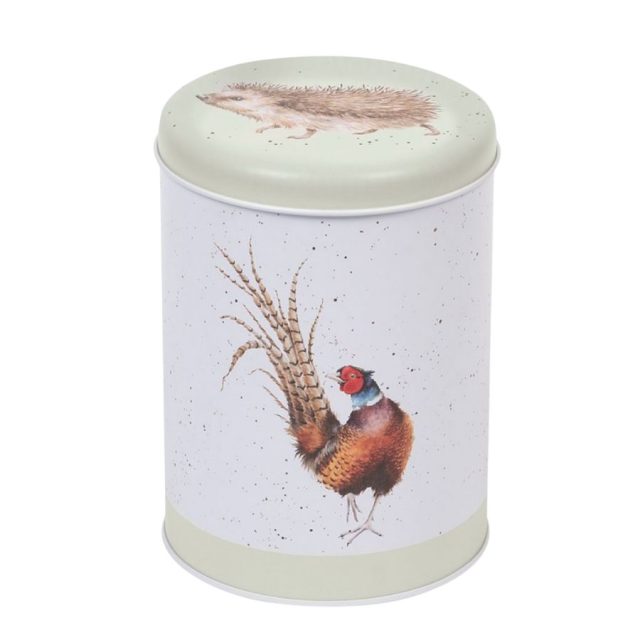 Wrendale 'The Country Set' Country Animal Round Canister Round canister with pheasant and hedgehog illustrations and light green lid