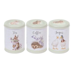 Three Wrendale canisters with tea, coffee and sugar labels featuring country animal illustrations