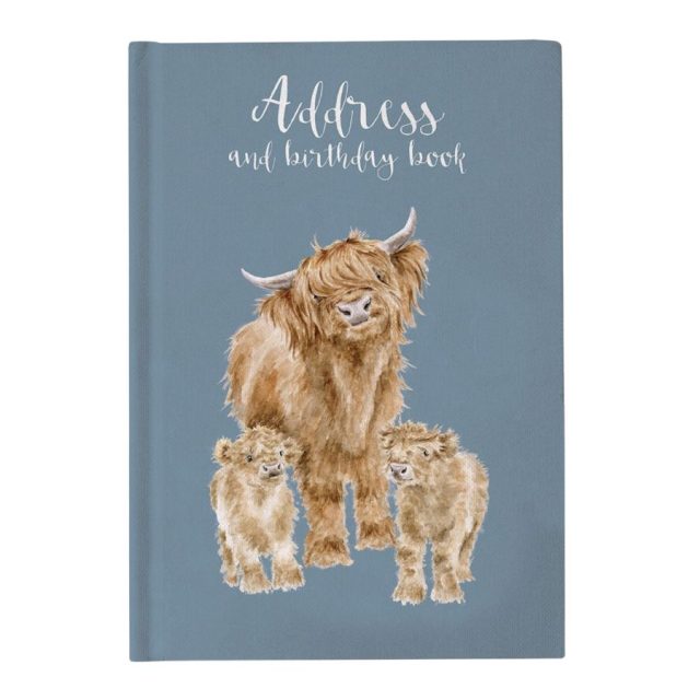 Wrendale The Highlander highland cow Address Book Wrendale address book with Highland Cow and two calves on blue cover