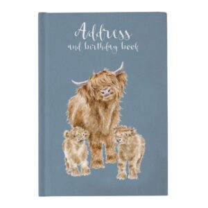 Wrendale address book with Highland Cow and two calves on blue cover