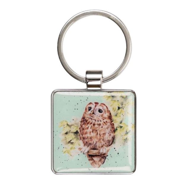 Wrendale Treetops owl design on square metal keyring with resin finish