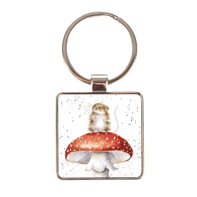Square keyring with illustration of mouse on red mushroom from Wrendale