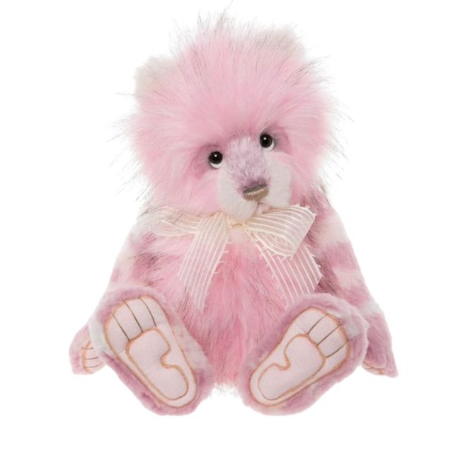 Charlie Bear Julia Plumo Collection Pink plush panda bear from Charlie Bears Plumo Collection with striped bow
