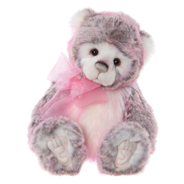 Charlie Bears Amelie Charlie Bears Amelie soft white and grey plush bear with pink ribbon sitting front view