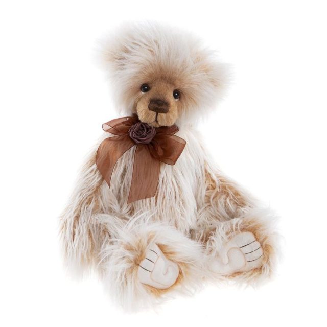 Charlie Bears Ari Charlie Bears Ari plush teddy bear with long cream and brown fur and chocolate organza bow