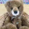 Front view of Charlie Bears Boggle sitting in wicker basket with heart pendant necklace