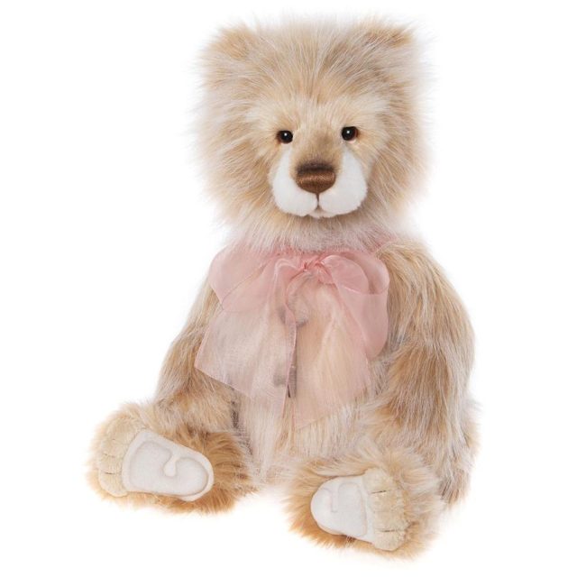 Charlie Bears Daybreak Beige Charlie Bears Daybreak plush bear sitting with pink bow and distinct paw pads