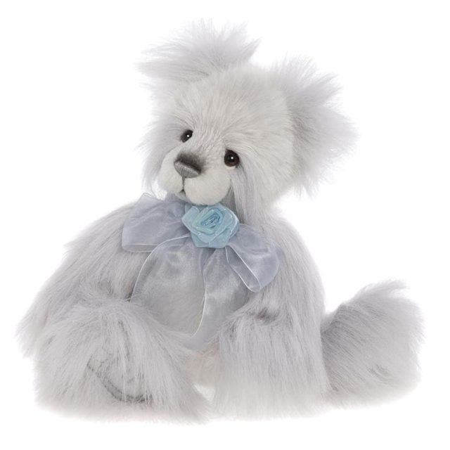 Charlie Bears Garden Party grey plush bear seated with blue satin bow and flower