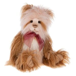 Charlie Bears Holly Day Long pile plush Charlie Bears Holly Day bear with brown and cream fur wearing a pink bow