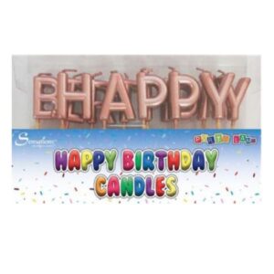 Rose gold Happy Birthday candles arranged in packaging with colourful Party Land label