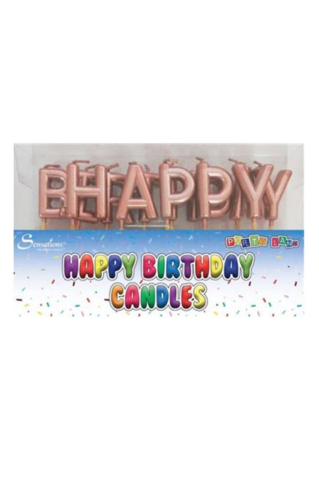 Happy Birthday Candles Rose Gold Rose gold Happy Birthday candles arranged in packaging with colourful Party Land label