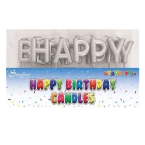 Silver Sensations Happy Birthday Candles spelling out Happy Birthday