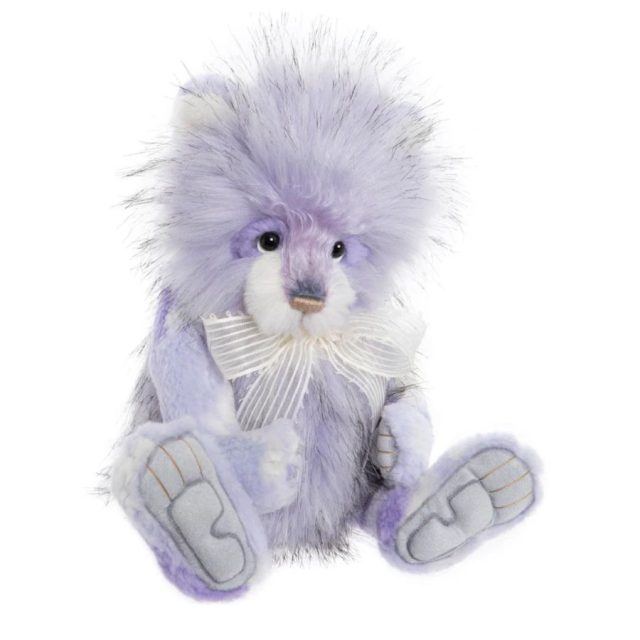 Pastel lilac plush Charlie Bears Lisa with fluffy fur and striped satin bow