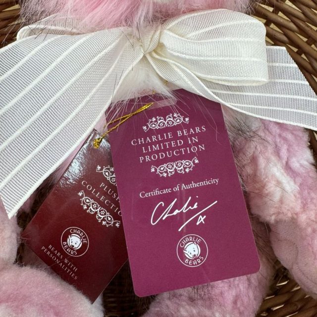 Plumo Collection Tags showing certificate of authenticity on Charlie Bears Julia teddy bear
