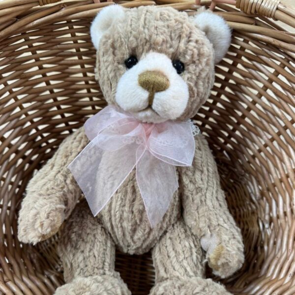 Plush Collection Cwtch Front view of Charlie Bears Cwtch plush teddy bear with pink translucent bow in basket