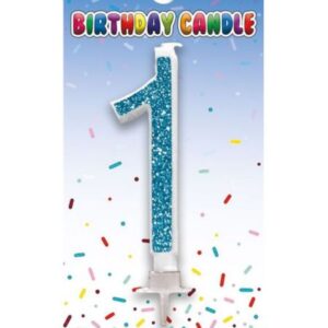 Blue glitter number 1 birthday candle for cake decoration