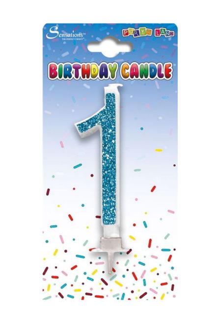 Blue glitter number 1 birthday candle for cake decoration