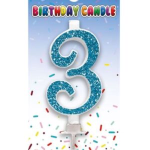 Blue glitter number 3 birthday cake candle from Sensations on branded packaging