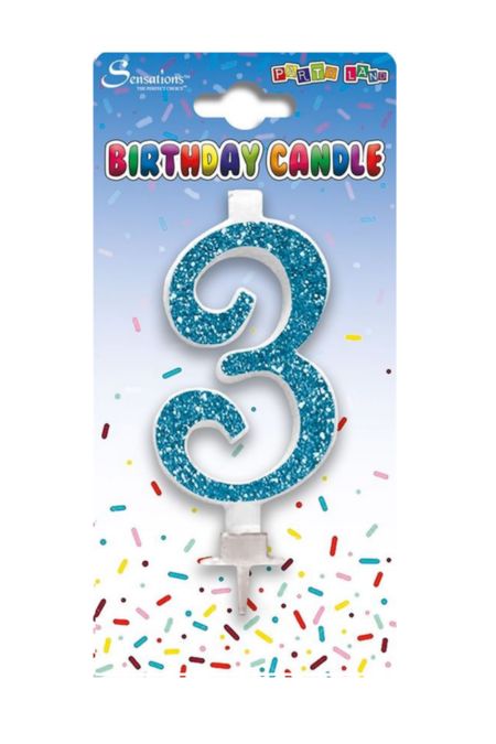 Sensations Blue Glitter 3 Blue glitter number 3 birthday cake candle from Sensations on branded packaging