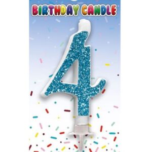 Blue glitter birthday candle shaped as number 4 with white holder