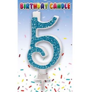 Blue glitter number 5 birthday cake candle with holder