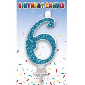 Blue glitter number 6 birthday candle by Sensations on card backing