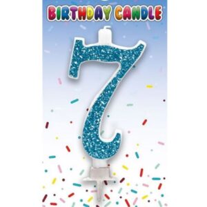 Blue glitter number 7 shaped birthday cake candle with holder