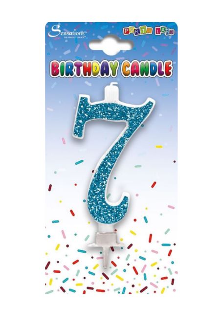 Blue glitter number 7 shaped birthday cake candle with holder