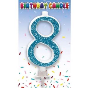 Blue glitter birthday cake candle shaped as number 8 for boys